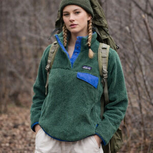 Patagonia Sz S Green Synchilla Fleece Pullover Blue Trim Gorpcore Outdoor Jacket